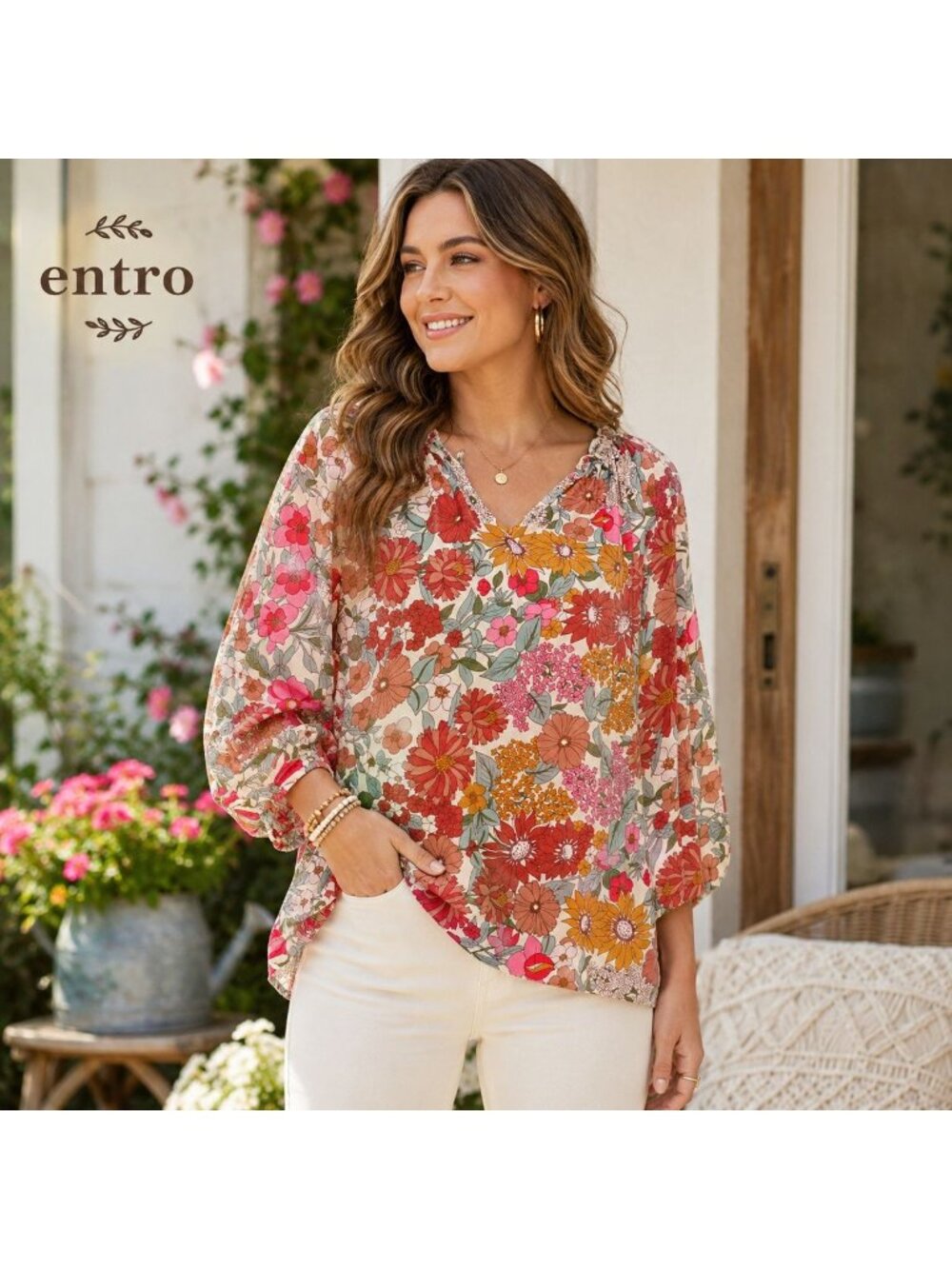 Entro Floral Blouse Womens Large 100% Rayon Boho Peasant V Neck Retro Mums
